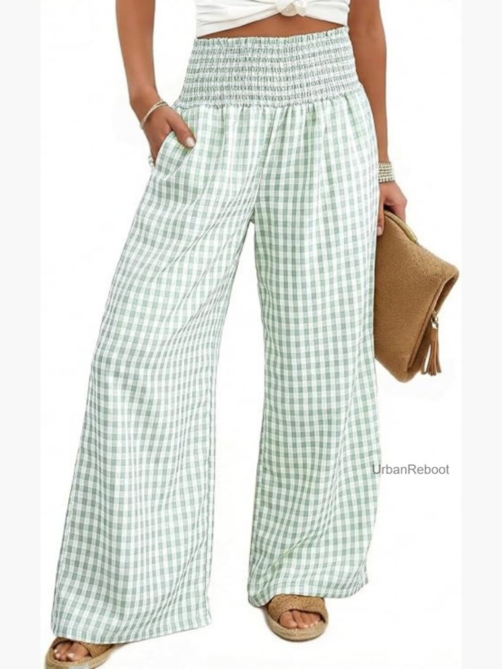 High Waisted Wide Leg Plaid Pants with Pockets Comfy Casual Bottom